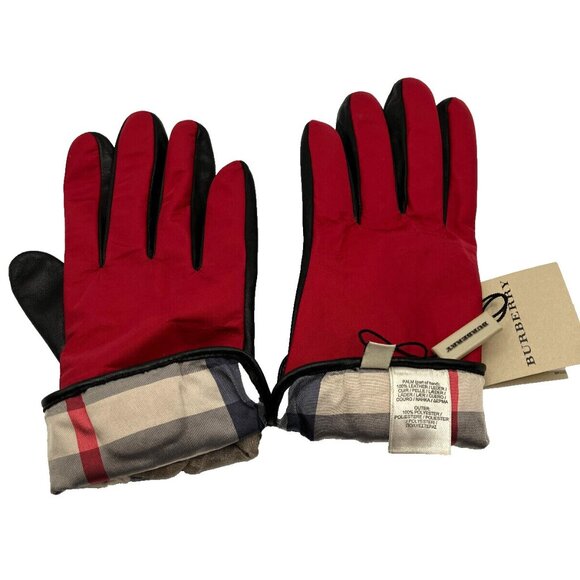 NOS w Tag Vintage Burberry Red Gloves Nova Cuff Nylon Lambskin Jenny - Picture 1 of 7